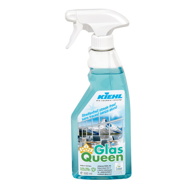 Az 500 ml-es permetező üveg Kiehl GlasQueen üveg- és felülettisztító a Johannes Kiehl KG-tól fehér kioldóval, kék folyadékkal, többnyelvű tisztítási útmutatóval és csíkmentesen tiszta ablakokat ábrázoló képpel rendelkezik a címkén.