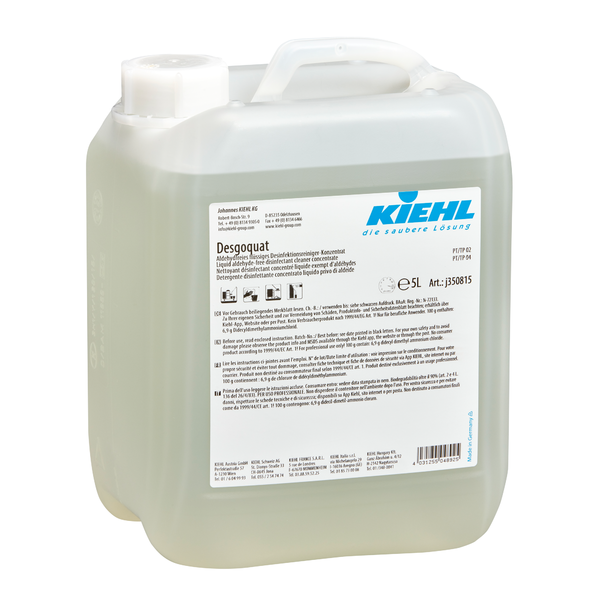 Egy átlátszó műanyag tartály fogantyúval és fehér kupakkal, "Kiehl Desgoquat" felirattal a Johannes Kiehl KG-tól. A többnyelvű címke tájékoztat az aldehidmentes folyékony fertőtlenítőszer-koncentrátumról felületi fertőtlenítéshez és az alkalmazási útmutatókról.