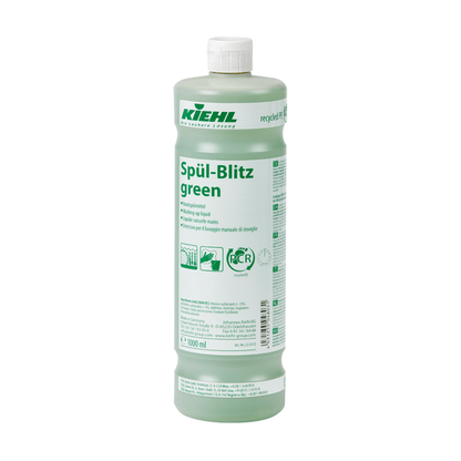Egy 1000 ml-es palack Johannes Kiehl KG Kiehl Spül-Blitz zöld kézi mosogatószer fehér kupakkal, zöld címkével többnyelvű szöveggel és újrahasznosítási szimbólumokkal; világoszöld, biológiailag lebomló folyadékot tartalmaz.
