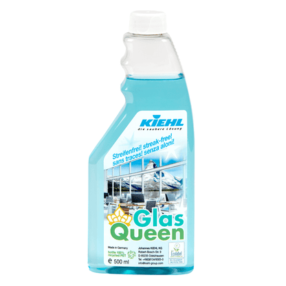 Az 500 ml-es Kiehl GlasQueen üveg- és felülettisztító üveg a Johannes Kiehl KG-tól kék folyadékkal, fehér zárral és egy tiszta ablakokat ábrázoló címkével rendelkezik, amely több felület csíkmentes tisztítását nyújt kétnyelvű szöveggel.