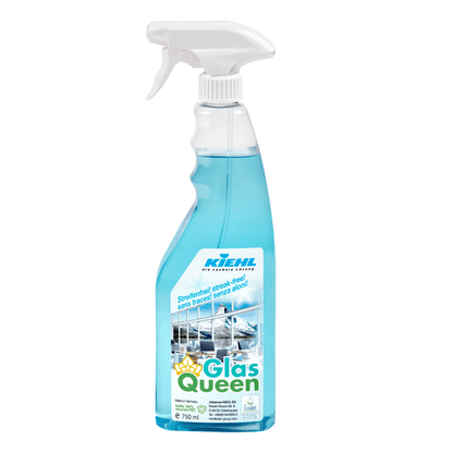 Egy 750 ml-es permetező üveg Johannes Kiehl KG Kiehl GlasQueen üveg- és felülettisztító kék folyadékkal, fehér ravaszfejjel és többnyelvű címkével, amely tiszta ablakokra utal a csíkmentes tisztításhoz.