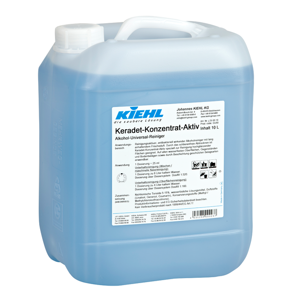 Egy 10 literes átlátszó műanyag tartály, fogantyúval és csavaros kupakkal, kék folyadékkal töltve. Címke: "Kiehl Keradet-Konzentrat-Aktiv Alkohol-Universal-Reiniger" a Johannes Kiehl KG-tól, csíkmentes tisztításhoz, valamint utasítások és biztonsági szimbólumok.