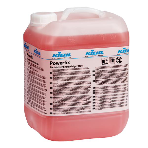 Egy nagy, átlátszó műanyag tartály fogantyúval, tele piros folyadékkal. Címke: "Kiehl Powerfix Magasan aktív alapvető tisztítószer, savas" a Johannes Kiehl KG-től; professzionális tisztításhoz és vízkőmentesítéshez, biztonsági szimbólumokkal és alkalmazási utasításokkal.