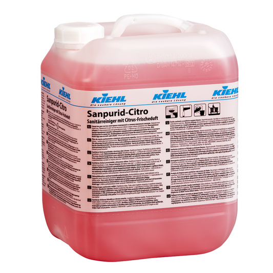 Ein großer durchsichtiger Kunststoffbehälter mit weißem Deckel enthält eine rote Flüssigkeit. Das Etikett trägt die Aufschrift "Kiehl Sanpurid-Citro Sanitärreiniger mit Citrus-Frischeduft" der Johannes Kiehl KG und enthält Informationen und Anweisungen in deutscher Sprache.
