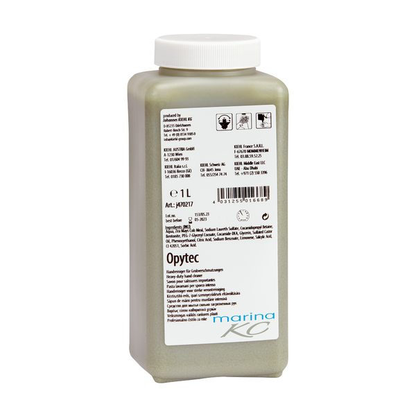 Téglalap alakú 1L műanyag palack csavaros kupakkal, amely a Johannes Kiehl KG Kiehl Opytec kéztisztítóját tartalmazza durva szennyeződésekhez. Az elülső címke termékrészleteket, utasításokat és gyártói információkat tartalmaz több nyelven.