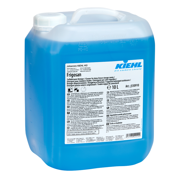 Egy 10 literes Kiehl Frigosan mélyhűtő tisztítószer kanniszter a Johannes Kiehl KG-től, kék folyadékkal töltve, áttetsző. A címke utasításokat, figyelmeztetéseket és többnyelvű információkat tartalmaz.