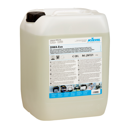Egy 20 literes átlátszó műanyag tartály fekete csavaros kupakkal, "Kiehl DIWA-Evo pohár- és edénymosószer" felirattal a Johannes Kiehl KG-tól. A kék-fehér-fekete címke figyelmeztetéseket és veszélyszimbólumokat tartalmaz.