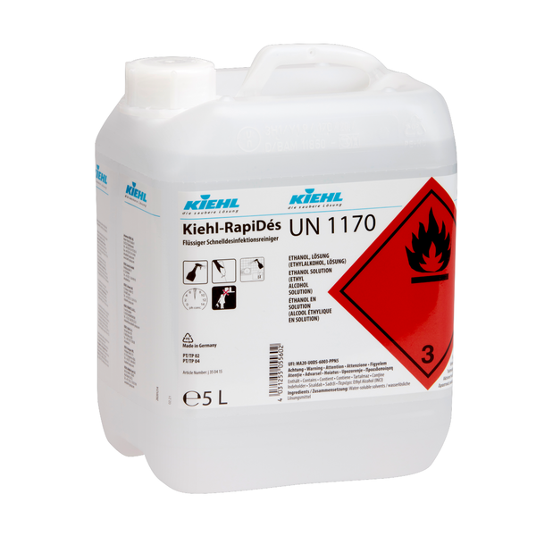 Egy 5 literes Kiehl RapiDés folyékony gyorsfertőtlenítő tisztítószer a Johannes Kiehl KG-tól gyors tisztításhoz és fertőtlenítéshez, gyúlékonysági figyelmeztetéssel, vegyi anyaginformációval és biztonsági szimbólumokkal az előlapon.