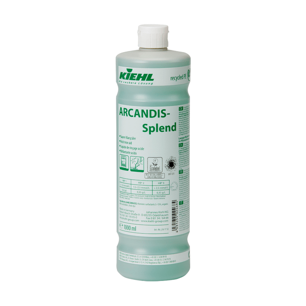 Egy 1000 ml-es Kiehl ARCANDIS-Splend Savas Öblítőszer palack a Johannes Kiehl KG-től, zöld színű öblítőszer mosogatógépekhez. A címkén többnyelvű utasítások, biztonsági szimbólumok és információk találhatók a vízkő elleni használatról.
