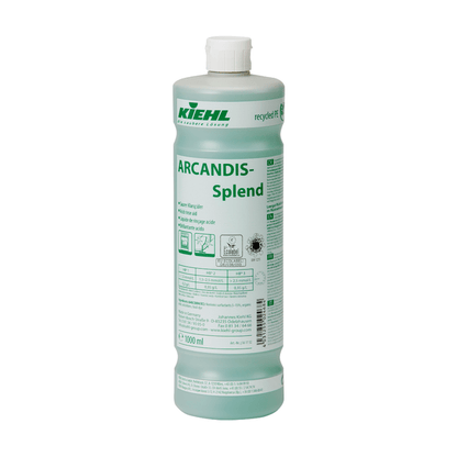 Egy 1000 ml-es Kiehl ARCANDIS-Splend Savas Öblítőszer palack a Johannes Kiehl KG-től, zöld színű öblítőszer mosogatógépekhez. A címkén többnyelvű utasítások, biztonsági szimbólumok és információk találhatók a vízkő elleni használatról.