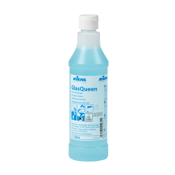 Egy 500 ml-es üveg Johannes Kiehl KG Kiehl GlasQueen üveg- és felülettisztító fehér zárral és kék folyadékkal; a címkén termékinformációk, használati utasítások és kék szimbólumok találhatók, amelyek különböző felületek csíkmentes tisztítását mutatják.