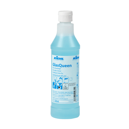 Egy 500 ml-es üveg Johannes Kiehl KG Kiehl GlasQueen üveg- és felülettisztító fehér zárral és kék folyadékkal; a címkén termékinformációk, használati utasítások és kék szimbólumok találhatók, amelyek különböző felületek csíkmentes tisztítását mutatják.