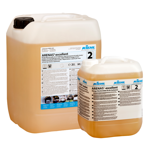 Zwei durchsichtige Kunststoffflaschen des Kiehl ARENAS-excellent Flüssiger Waschverstärker der Johannes Kiehl KG zur Fleckentfernung mit schwarzem Verschluss und blau-weißem Branding. Eine Flasche ist groß, die andere ist klein.