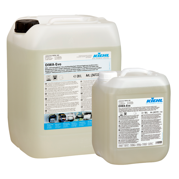 Két műanyag tartály (20L és 10L) a Kiehl DIWA-Evo pohár- és edénymosószerrel a Johannes Kiehl KG-tól, fehér címkékkel, amelyeken termékinformációk, márkalogó és alkalmazási utasítások találhatók. Ideális edény- és pohármosószerként.