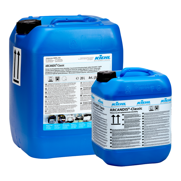 Két kék műanyag tartály - egy nagy és egy kicsi - az ARCANDIS-Classic intenzív mosogatószer a Johannes Kiehl KG-tól, enyhén klóros; mindkettő fekete fedéllel és részletes fehér címkékkel. Tökéletes professzionális mosogatógépekhez.