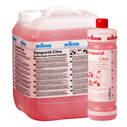 Egy 10 literes kannában és egy 1 literes palackban Johannes Kiehl KG Kiehl Sanpurid-Citro szaniter tisztítószer citrusos frissesség illattal, mindkettő rózsaszín folyadékkal töltve és német nyelvű felirattal, hatékony higiéniát biztosítanak.