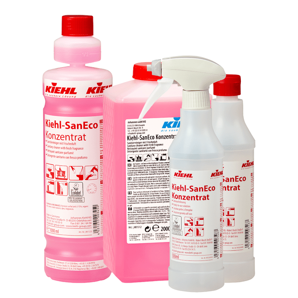 A képen hat üres 500 ml-es Kiehl-SanEco tölcséres üveg látható a Johannes Kiehl KG-tól, mindegyik választható habszóróval vagy permetezőzárral. Az üvegek használati utasítással ellátott címkékkel vannak ellátva.