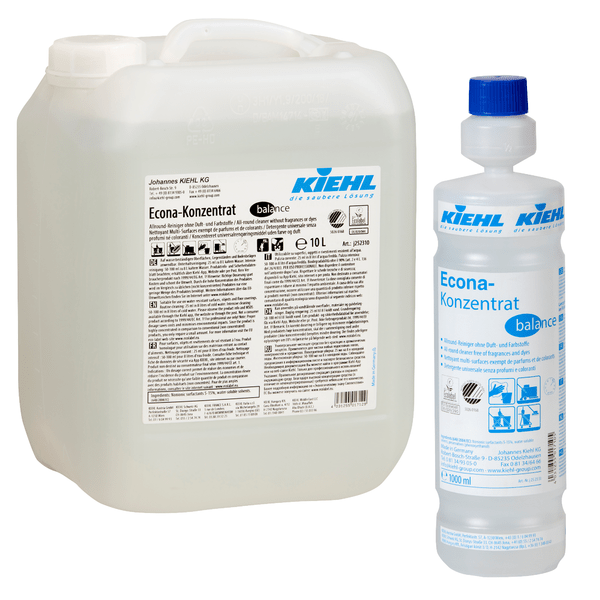 A képen két Kiehl Econa-koncentrátum balance univerzális tisztítószer illat- és színezékmentes kiszerelése látható a Johannes Kiehl KG-tól: balra egy 10 literes kanna és jobbra egy 1 literes palack, mindkettő termékinformációval.