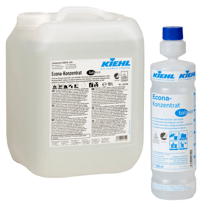 A képen két Kiehl Econa-koncentrátum balance univerzális tisztítószer illat- és színezékmentes kiszerelése látható a Johannes Kiehl KG-tól: balra egy 10 literes kanna és jobbra egy 1 literes palack, mindkettő termékinformációval.