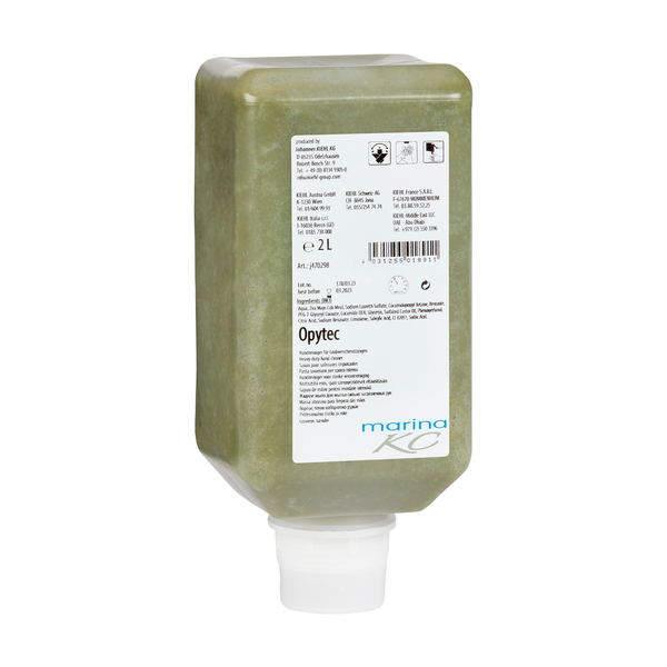 Egy 2 literes téglalap alakú palack a zöldes Kiehl Opytec kéztisztítóból durva szennyeződésekhez a Johannes Kiehl KG-tól, fehér információs címkével és széles adagolózárral az alján, hatékony kéztisztítót tartalmaz erős szennyeződésekhez.