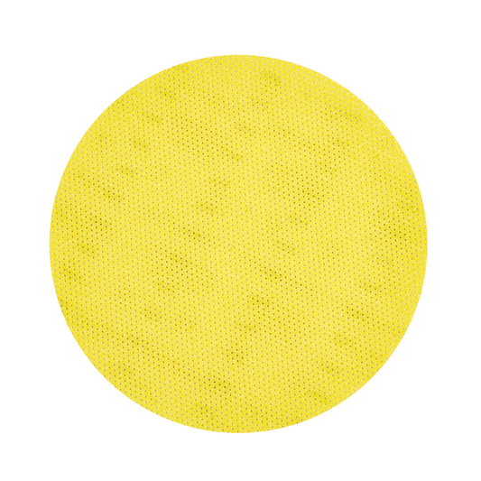 Das Kiehl-Woodmaster-Pad Schleifpad rund von Johannes Kiehl KG, 16" (40,6 cm) mit Körnung 60, hat eine große, runde, gelb strukturierte Oberfläche; die Packung enthält 10 Pads - ideal für effizientes Schleifen.