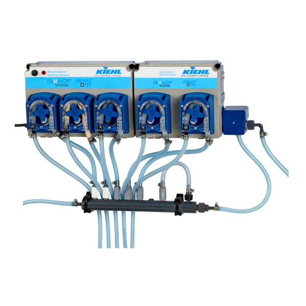 Egy falra szerelhető Johannes Kiehl KG ARENAS-perisztaltikus-szint-szabályozó készülék akár 7 vegyszeres kannát is kezel pontos felügyelettel, ARENAS-P és -H szivattyúkhoz tervezve. Négy kék átlátszó szivattyúvezérlést és feliratozott csatlakozókat tartalmaz a biztonságos adagoláshoz.