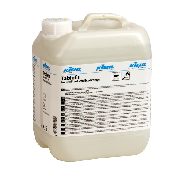 Egy fehér 5 literes műanyag tartály a Johannes Kiehl KG Kiehl Tablefit műanyag- és íróasztal-tisztítójával, csavaros kupakkal és nagy termékcímkével, amely német szöveget és különböző szimbólumokat tartalmaz.