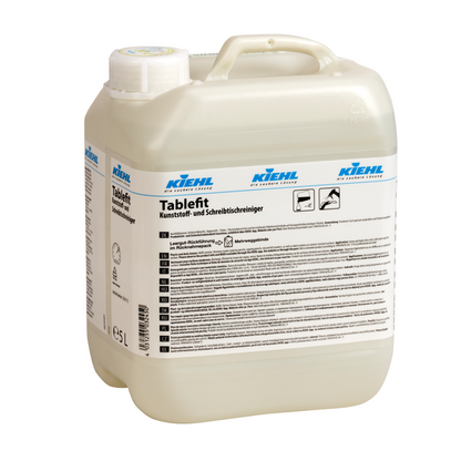 Egy fehér 5 literes műanyag tartály a Johannes Kiehl KG Kiehl Tablefit műanyag- és íróasztal-tisztítójával, csavaros kupakkal és nagy termékcímkével, amely német szöveget és különböző szimbólumokat tartalmaz.