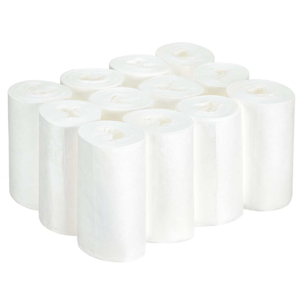 Zwölf weiße Rollen Kimtech® Wettask™ DS Wischtücher Kleinrollen von Kimberly-Clark GmbH stehen in drei Reihen aufrecht und zeigen ihre weiche, zylindrische Form - ideal für eine vielseitige Reinigung. Jeder Karton enthält 12 Nachfüllpackungen mit 55 Blatt pro Rolle.