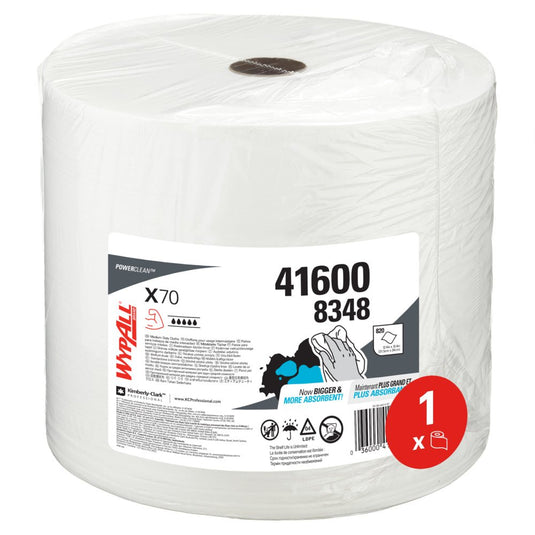A Kimberly-Clark GmbH fehér WypAll® X70 PowerClean nagytekercse (1 tekercs × 870 lap, cikkszám: 41600 8348) átlátszó műanyag csomagolásban kapható, és ideális ipari tisztítási feladatokhoz.
