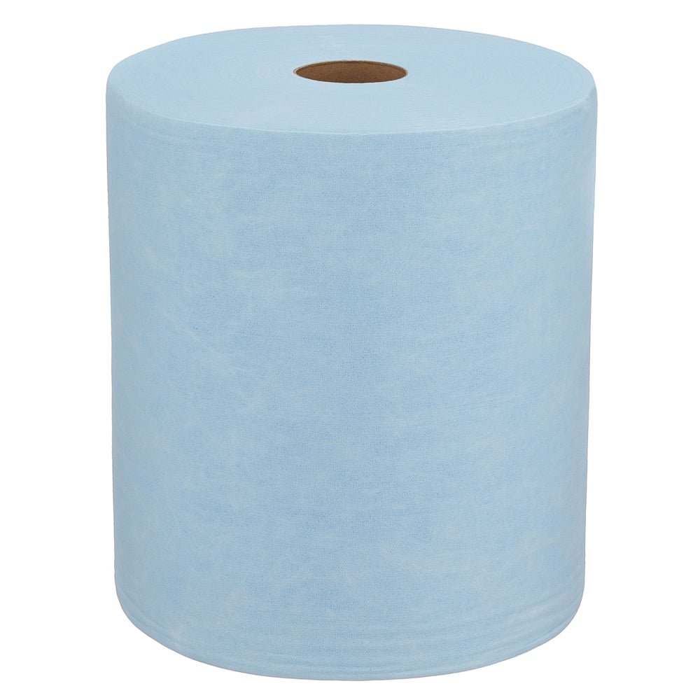 Egy nagy kék WypAll® X60 General Clean nagy tekercs a Kimberly-Clark GmbH-tól (1 tekercs x 500 lap) barna maggal függőlegesen áll fehér háttéren, ideális professzionális tisztítási feladatokhoz.