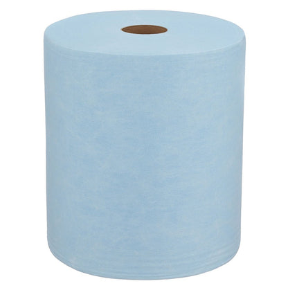 Egy nagy kék WypAll® X60 General Clean nagy tekercs a Kimberly-Clark GmbH-tól (1 tekercs x 500 lap) barna maggal függőlegesen áll fehér háttéren, ideális professzionális tisztítási feladatokhoz.