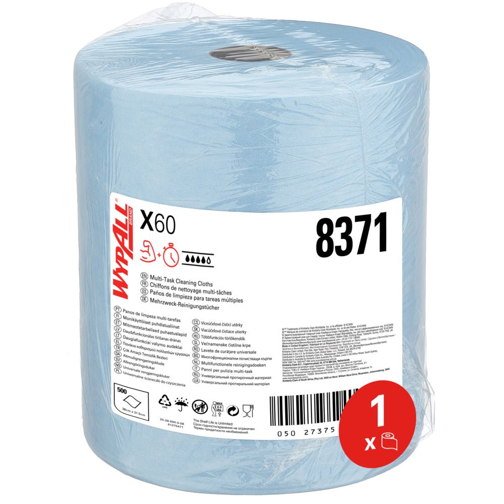 A WypAll® X60 General Clean nagy tekercs kék színben a Kimberly-Clark GmbH-tól (1 tekercs x 500 kendő) műanyag csomagolásban van, a 8371-es számot viseli, termékinformációkkal és ikonokkal - ideális professzionális tisztításhoz; Címke piros körrel "1 x".