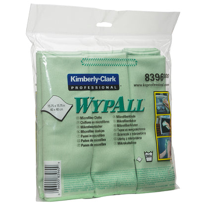 Egy csomag Kimberly-Clark GmbH WypAll® mikroszálas kendő - lapos kendő (40 x 40 cm) világoszöld színben, összehajtva és átlátszó műanyag zacskóba csomagolva, a címkén termékadatokkal és tisztítási képekkel.