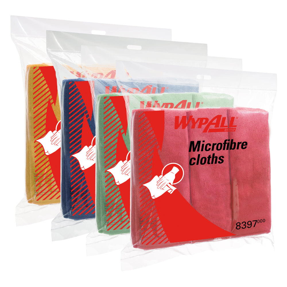 Öt csomag WypAll® mikroszálas kendő - lapos kendő (40 x 40 cm) a Kimberly-Clark GmbH-tól átlátszó csomagolásban látható. Minden csomag sárga, kék, zöld, világoszöld és rózsaszín mikroszálas kendőket tartalmaz, piros címkével, termékinformációkkal.
