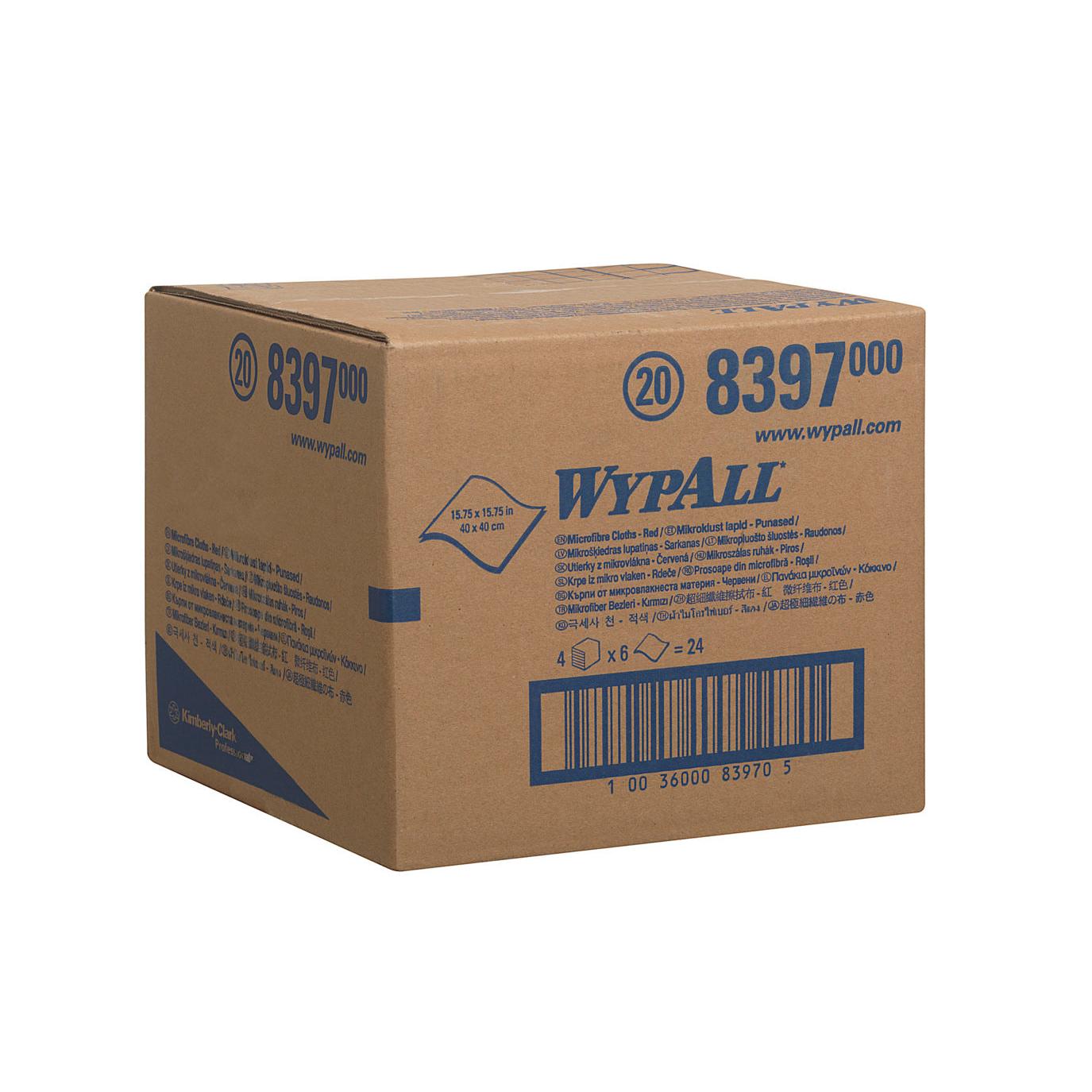 Egy barna karton "WypAll" (Kimberly-Clark GmbH) felirattal és 8397-es cikkszámmal tartalmaz WypAll® mikroszálas kendőket - lapos kendő 40 x 40 cm. A lezárt doboz kék nyomtatott részleteket, látható méreteket és vonalkódot mutat.