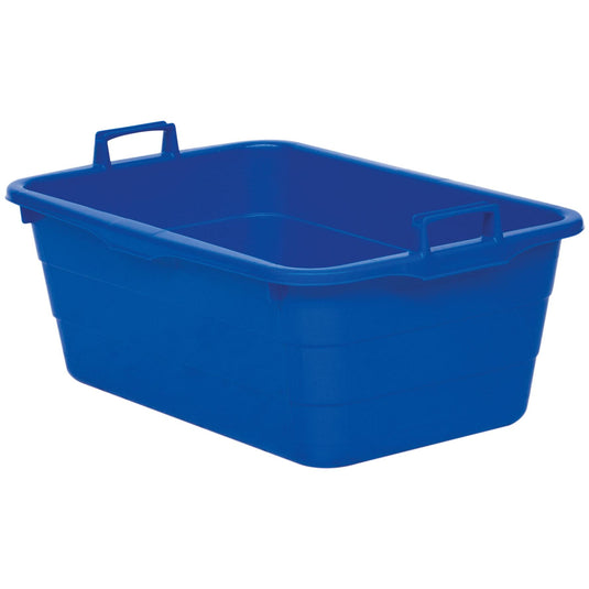 Egy kék Novocal műanyag tartály (90 liter, 750 x 490 x 310 mm), két fogantyúval, egy-egy mindkét rövid oldalon. A strapabíró tárolódoboz üres, fehér háttér előtt látható. Márka: Novocal.