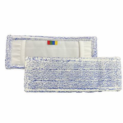Zwei rechteckige Arcora Excellent Blue-White Fc-Mopp Pads mit blauen und weißen Fasern - eines mit strukturierter Reinigungsoberfläche, das andere mit Stoffschlaufen und Farbcodierung. Kompatibel mit den Systemen der Arcora International GmbH.