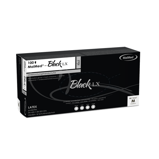 MaiMed-Black LX PF eldobható latex vizsgálókesztyű, púdermentes, 100 db/doboz