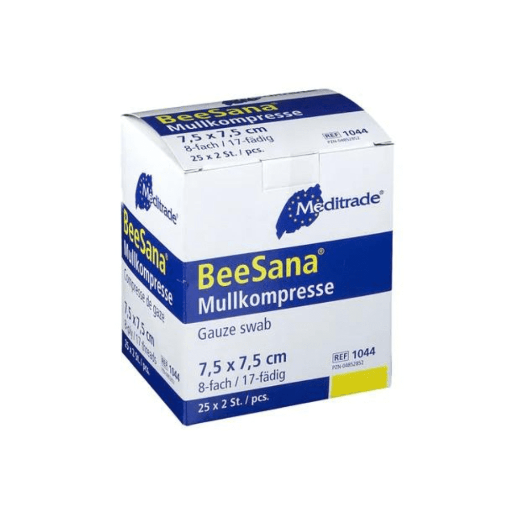 Egy doboz Meditrade BeeSana® Mullkompresse, egyszerűen steril, 8 rétegű Mulltupfer a Meditrade GmbH-tól, 7,5 x 7,5 cm méretben, kék-fehér csomagolásban szöveggel