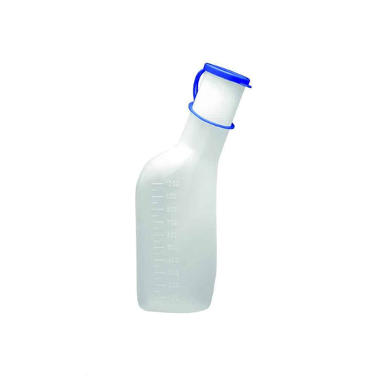 A Meditrade GmbH férfiaknak szánt vizeletgyűjtő palackja egy átlátszó műanyag palack, kék kupakkal és ergonómikus fogantyúval. 1000 ml-es űrtartalmú, egyik oldalán mérőjelölésekkel ellátott, és könnyen kezelhető. A vizeletgyűjtő palacktartó külön kapható.