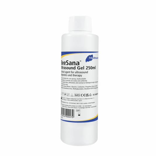 Egy üveg Meditrade BeeSana® ultrahangos gél, 250 ml, amely ultrahangos vizsgálatokhoz használt kenőanyagként van jelölve. A címkén szerepelnek a termék adatai és a jogszabályi előírások betartását jelző szimbólumok.