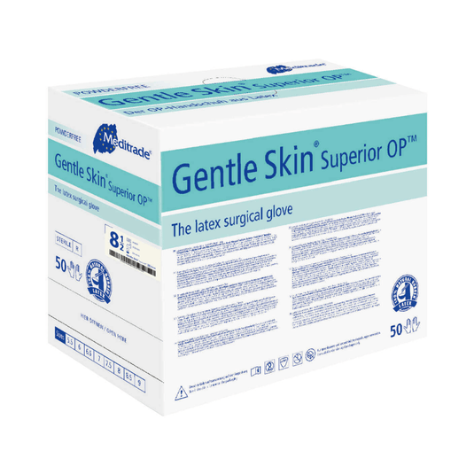 Egy doboz Meditrade Gentle Skin® Superior OP™ latex műtéti kesztyű, 8,5-ös méret, 50 párt tartalmaz. A csomagolás túlnyomórészt fehér és kék, részletes termékinformációkkal. Ez a latex műtéti kesztyű a Meditrade GmbH márkától származik.