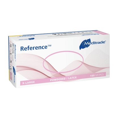 Egy doboz Meditrade Reference™ latex vizsgálati kesztyű XL méretben, 100 darab, többnyire fehér és rózsaszín csomagolás kék díszítésekkel.