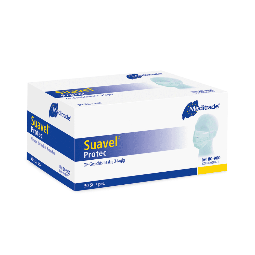 Egy téglalap alakú doboz Meditrade Suavel® Protec OP maszk 50 darab. A doboz főleg fehér, kék részletekkel, és egy maszkot viselő személy képét mutatja. 50 műtéti maszkot tartalmaz (3 rétegű), magas baktériumszűrési hatékonysággal, és különböző szövegekkel és a Meditrade GmbH logóival van ellátva.