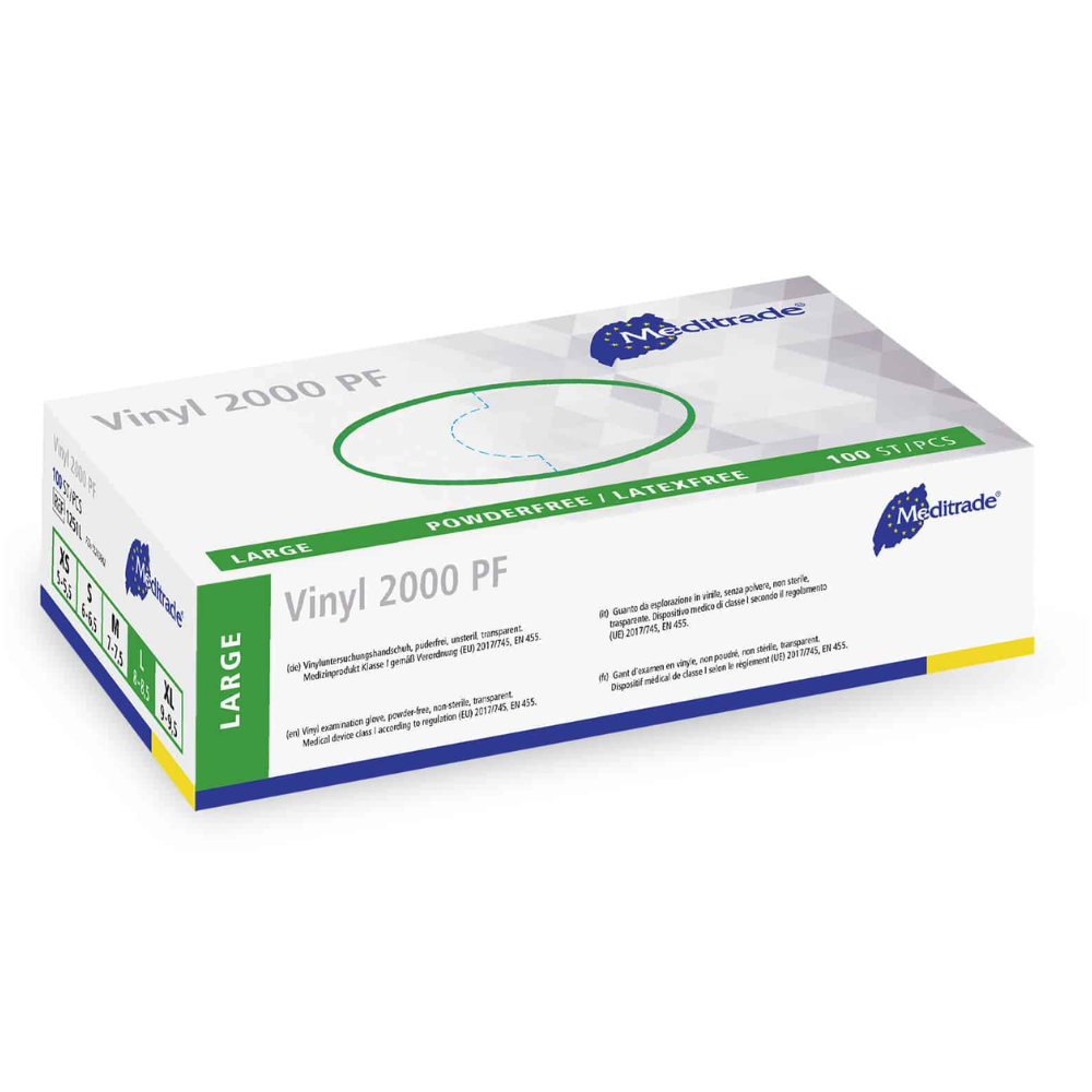 Egy doboz Meditrade Vinyl 2000 PF eldobható vinyl kesztyű, a Meditrade GmbH orvosi kesztyűi, 100 púder- és latexmentes vinyl kesztyűt tartalmaz, fehér háttérrel ábrázolva.