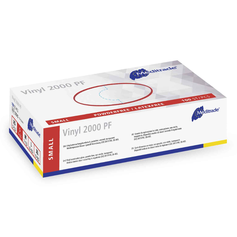 Egy doboz Meditrade Vinyl 2000 PF eldobható kesztyű kisméretű vinylből, a Meditrade GmbH logójával fehér háttérrel. A doboz 100 darabot tartalmaz.