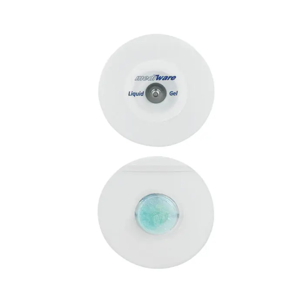 Das Bild zeigt zwei runde Schaumstoff-Elektroden. Die obere Elektrode trägt die Aufschrift „Servoprax GmbH“, was auf die Liquid-Gel-Technologie hinweist. Die untere Elektrode weist ein sichtbares blaugrünes Gelzentrum auf. Beide sind für den medizinischen Gebrauch hergestellt und mit einem Druckknopf-Anschluss für eine einfache Anwendung ausgestattet.