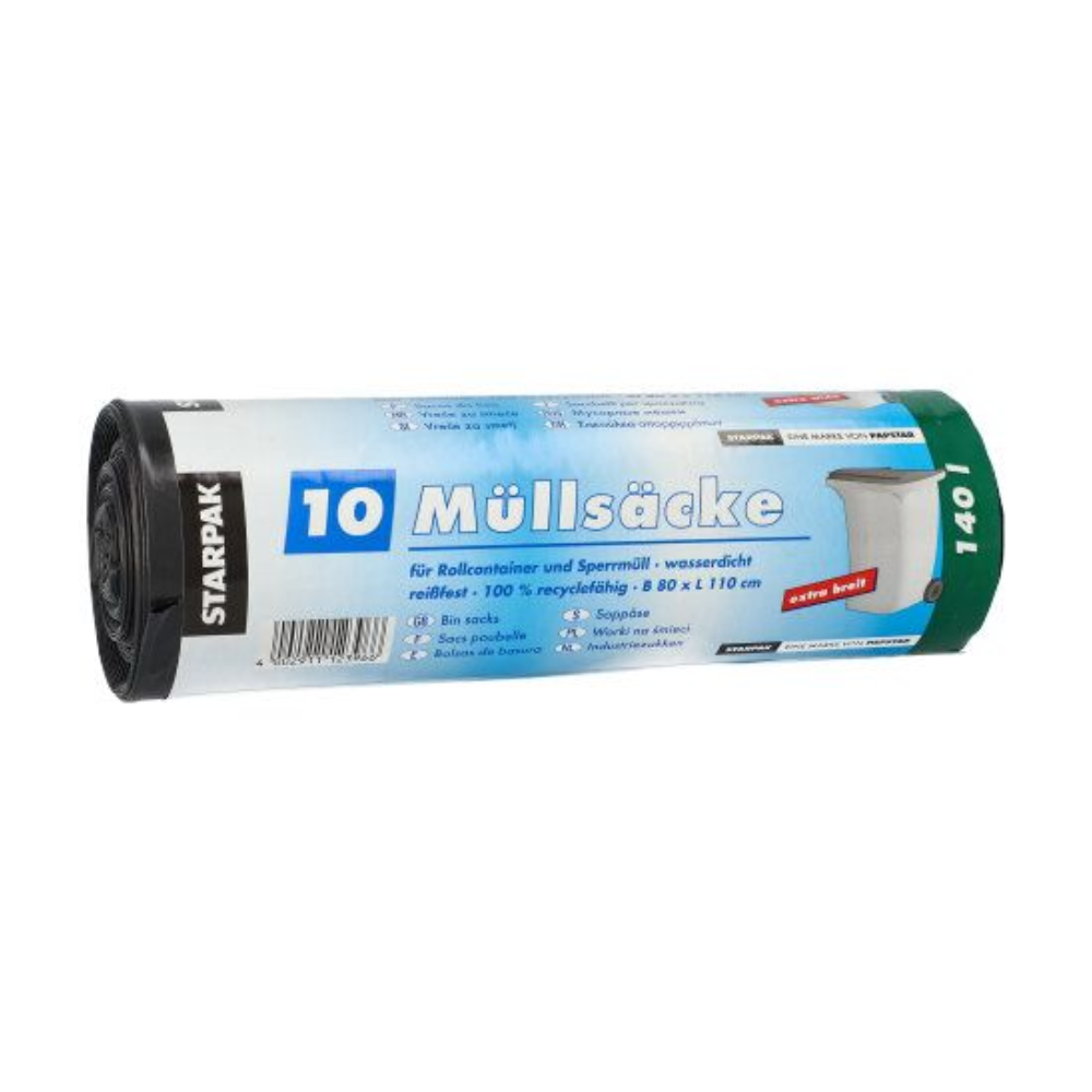 Egy Starpak 10 szemeteszsák tekercs, LDPE-fekete 140L szemeteszsákok (80 x 110 cm) német szöveggel a kék, zöld és fehér címkén; minden tekercs 10 zsákot tartalmaz.