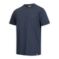 Das NITRAS MOTION TEX LIGHT T-Shirt von AS Arbeitsschutz GmbH ist ein schlichtes, marineblaues Kurzarmoberteil aus weicher Baumwolle mit Rundhalsausschnitt. Es ist OEKO-TEX-zertifiziert und verfügt über ein kleines orangefarbenes Etikett am unteren linken Saum für zusätzlichen Stil und Komfort. Das Produkt wird vor einem weißen Hintergrund angezeigt.
